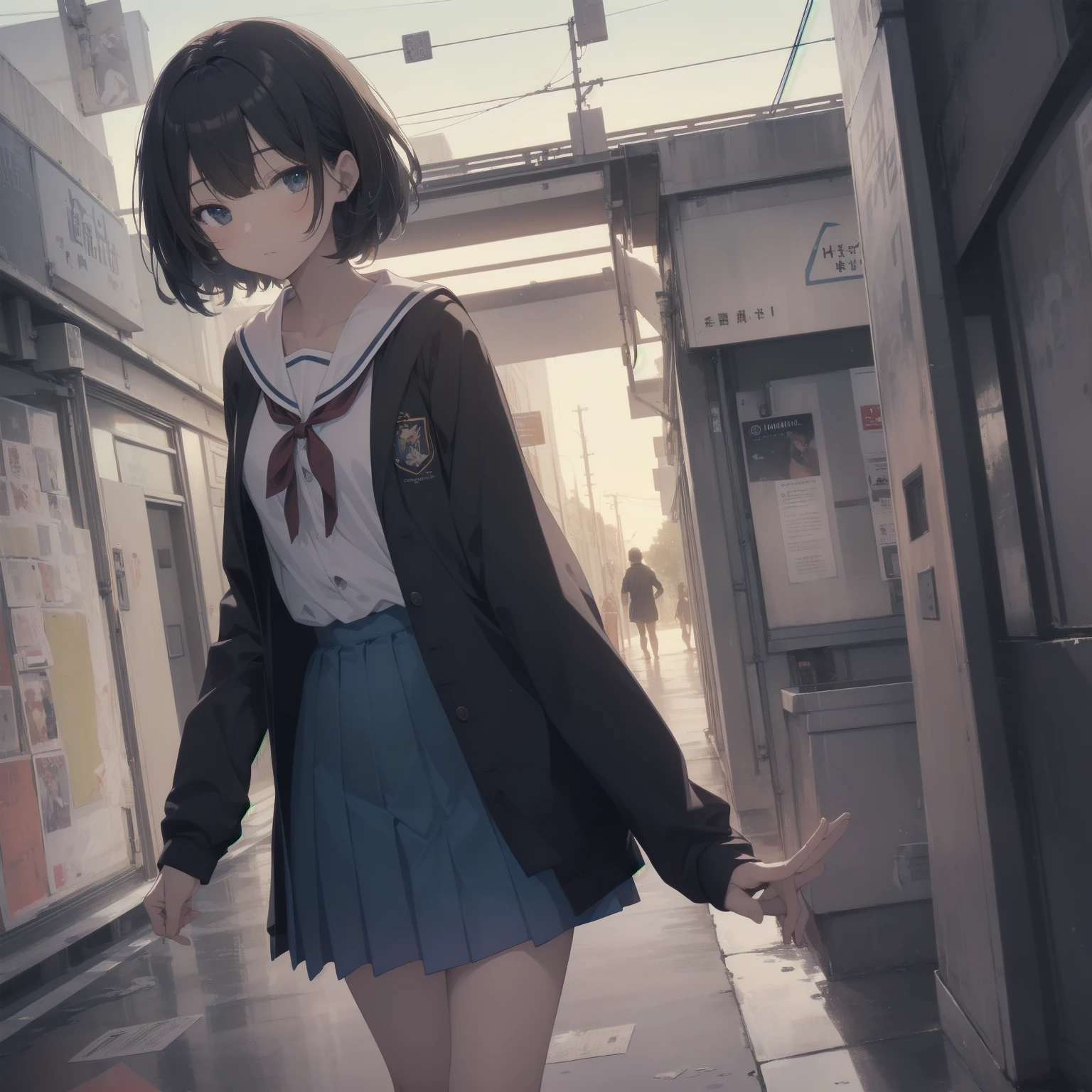 ultra-absurdres-Top quality by artist God, ultra-detailed, high resolution, anime moe artstyle, best anime 8k konachan wallpaper, pixiv contest winner, pool:2810, perfect anatomy,break, 1girl, (Please draw a girl walking sleepily to school alone. )break,(Solo,little female, 13-year-old:1.3),Full limbs, complete fingers,a junior high school student, (very short hair), short cut, flat chest, , small butt, small black eyes, beautiful detailed eyes, well-proportioned iris and pupils, expressive eyes, highres detailed hair, soft expression, salor school_uniform, sailor collar, serahuku, bow, pleated skirt,(Detailed Lighting), (Detailed background), in the School commute route. break,super detailed skin, Best cinematic lighting powered by famous artist, 8k,beauty illustration,photoshop_(medium),very aesthetic,break,((artist:wa_(genryusui) )), artist:clamp ,artist:carnelian ,artist:kantoku ,