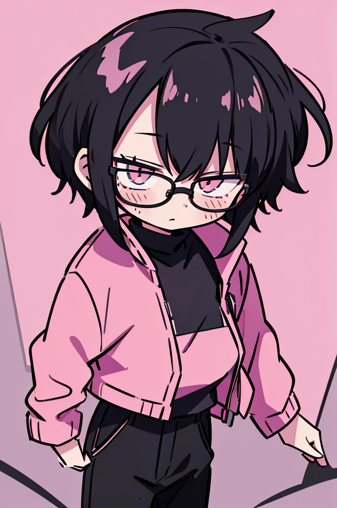 black pants, Sharp image, man, Black hair with pink ends, wearing a pink jacket. , has a dull, bored face, wears round glasses, has short, neat hair,