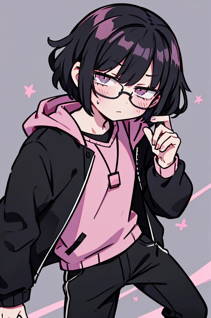 black pants, Sharp image, man, Black hair with pink ends, wearing a pink jacket. , has a dull, bored face, wears round glasses, has short, neat hair,