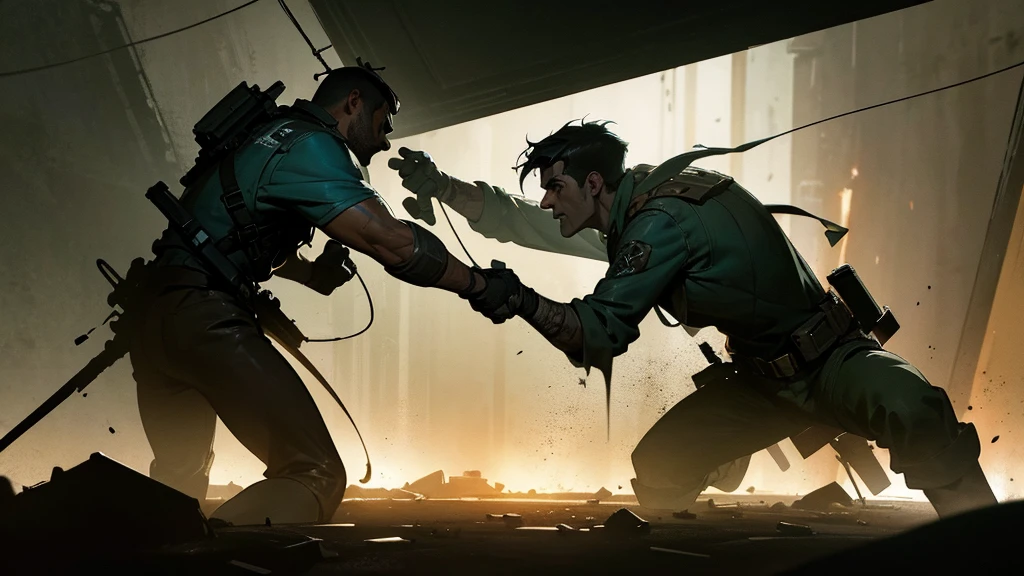 a dramatic fight in a fallout bunker, two men fighting, highly detailed, cinematic lighting, dynamic poses, gritty, grunge, post-apocalyptic, chiaroscuro, moody atmosphere, digital painting, concept art, muted color palette, dramatic shadows, hyperrealistic, octane render, unreal engine, 8k, photorealistic