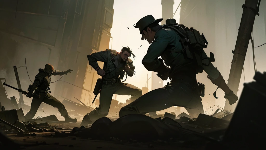 a dramatic fight in a fallout bunker, two men fighting, highly detailed, cinematic lighting, dynamic poses, gritty, grunge, post-apocalyptic, chiaroscuro, moody atmosphere, digital painting, concept art, muted color palette, dramatic shadows, hyperrealistic, octane render, unreal engine, 8k, photorealistic
