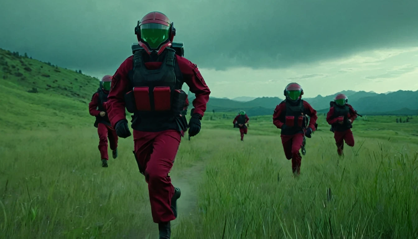 Soldiers in dark red military uniform wearing a futuristic helmet, run through the steppe with some green areas and a little bit of hills and pine trees, dark atmosphere