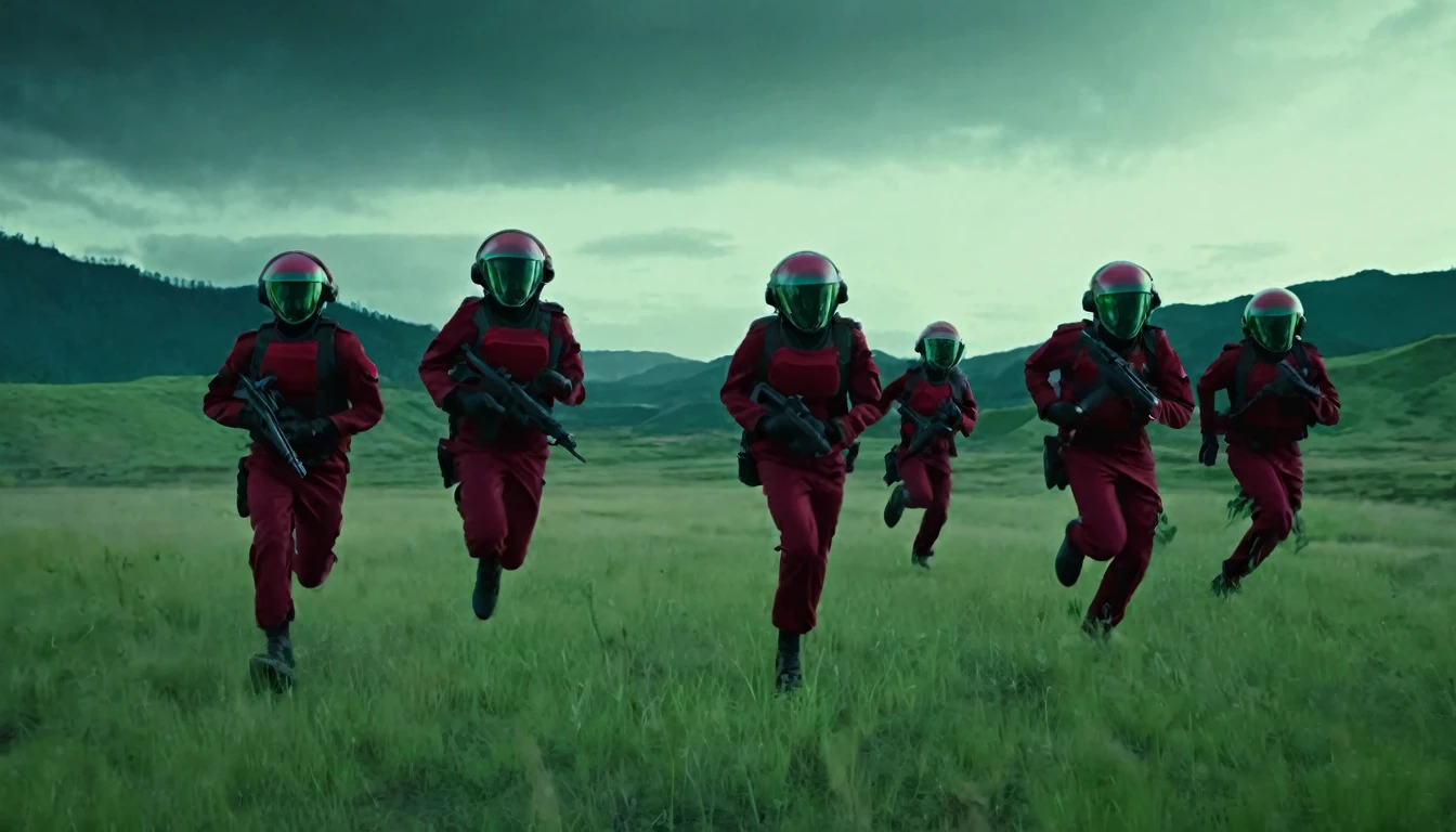 Soldiers in dark red military uniform wearing a futuristic helmet, run through the steppe with some green areas and a little bit of hills and pine trees, dark atmosphere