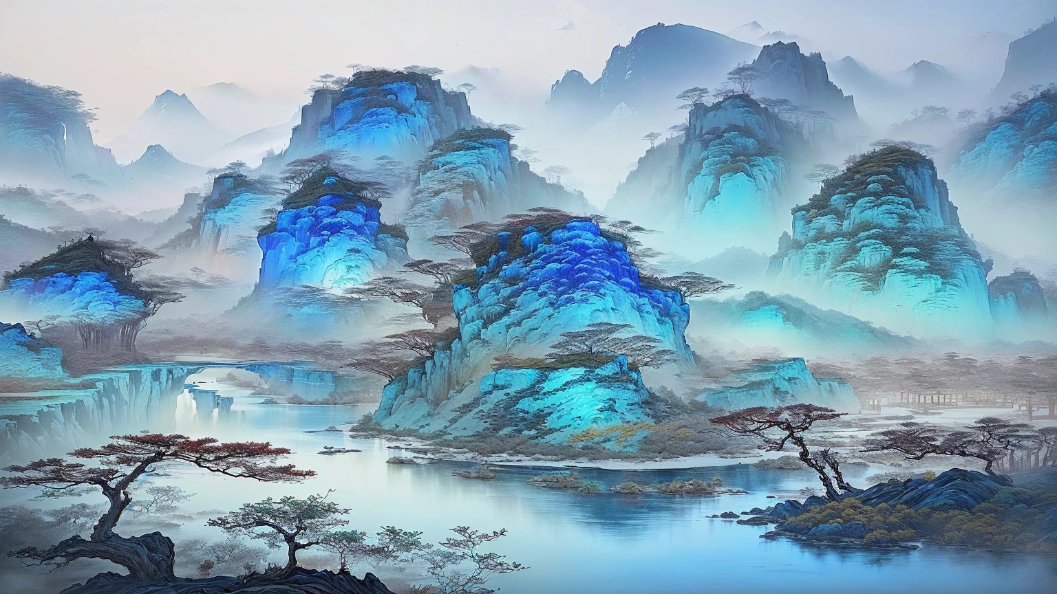Mountain view in Alafud,There is a river and many trees, Chinese painting style, Chinese style景, Floating mountains, Inspired by Li Keran, Inspired by Ma Yuan, Chinese Arts, Traditional Chinese ink painting, traditional Chinese Arts, Chinese Fantasy, Chinese style, qi sheng luo, thrilling, by Li Di, Chinese painting