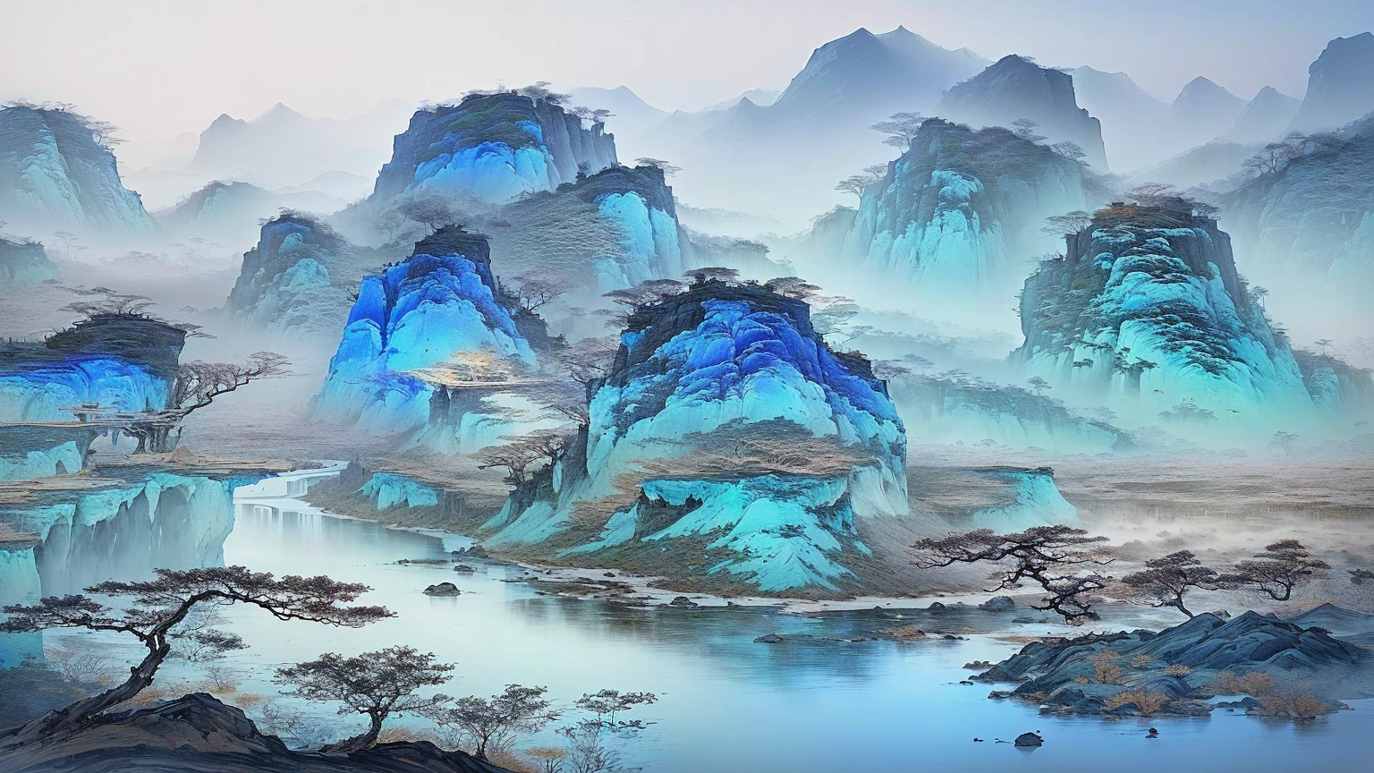 Mountain view in Alafud,There is a river and many trees, Chinese painting style, Chinese style景, Floating mountains, Inspired by Li Keran, Inspired by Ma Yuan, Chinese Arts, Traditional Chinese ink painting, traditional Chinese Arts, Chinese Fantasy, Chinese style, qi sheng luo, thrilling, by Li Di, Chinese painting