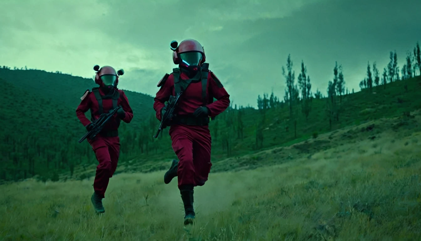 Soldiers in dark red military uniform wearing a futuristic helmet, run through the steppe with some green areas and a little bit of hills and pine trees, dark atmosphere