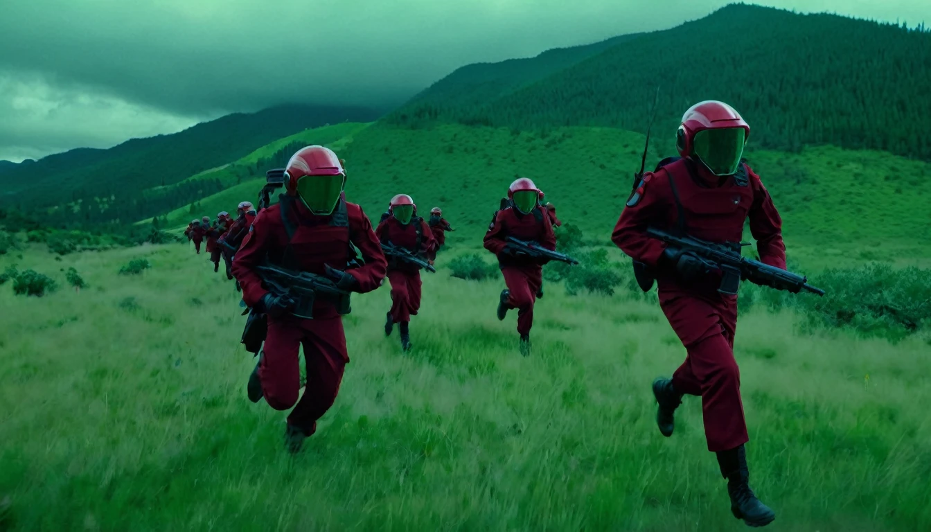 Soldiers in dark red military uniform wearing a futuristic helmet, run through the steppe with some green areas and a little bit of hills and pine trees, dark atmosphere