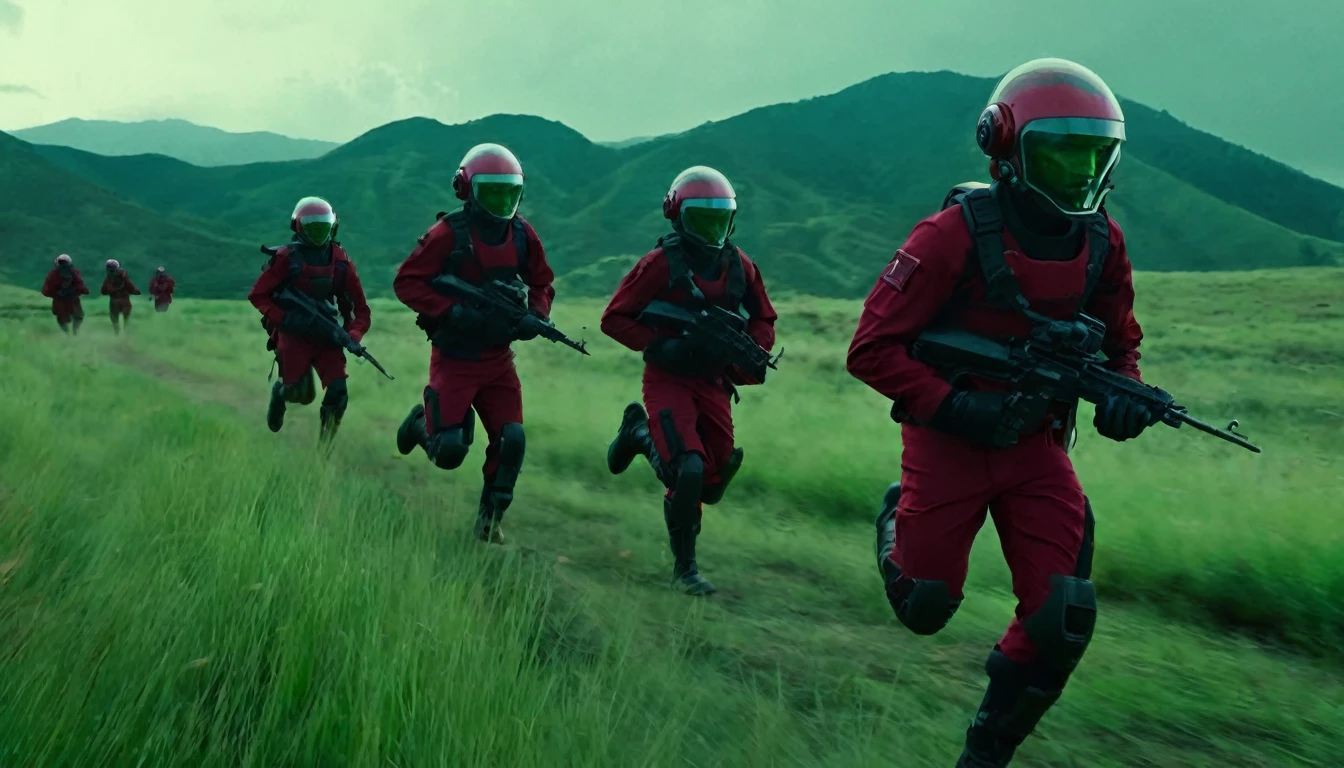 Soldiers in dark red military uniform wearing a futuristic helmet, run through the steppe with some green areas and a little bit of hills and pine trees, dark atmosphere