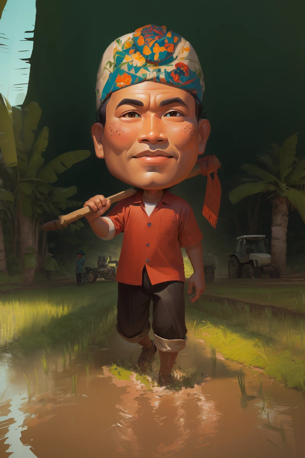 cartoon man walking through a muddy field with a hoe, The head wears a typical Javanese headgear blangkon, caricature illustration, farmer, Indonesian farmer, caricature style, cartoon portrait, cartoon digital painting, caricature, official illustration, cartoon digital art, in cartoon style, inspired by Rudy Siswanto, inspired by I Ketut Soki, potrait, digital cartoon painting art, digital art cartoon, cartoon artstyle