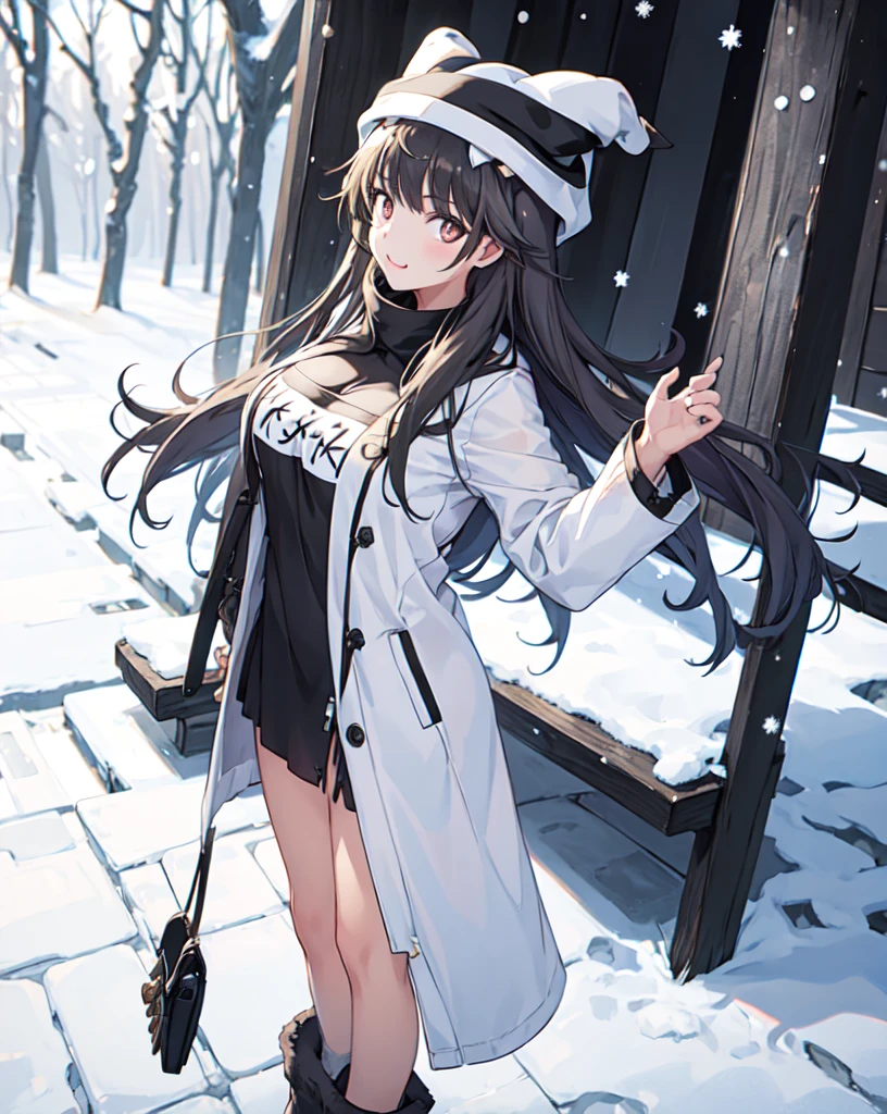 merkuriaprisoner,1girl,solo,large breasts, standing, cowboy shot, white coat, (ushanka), (winter clothes),outdoors,snowing