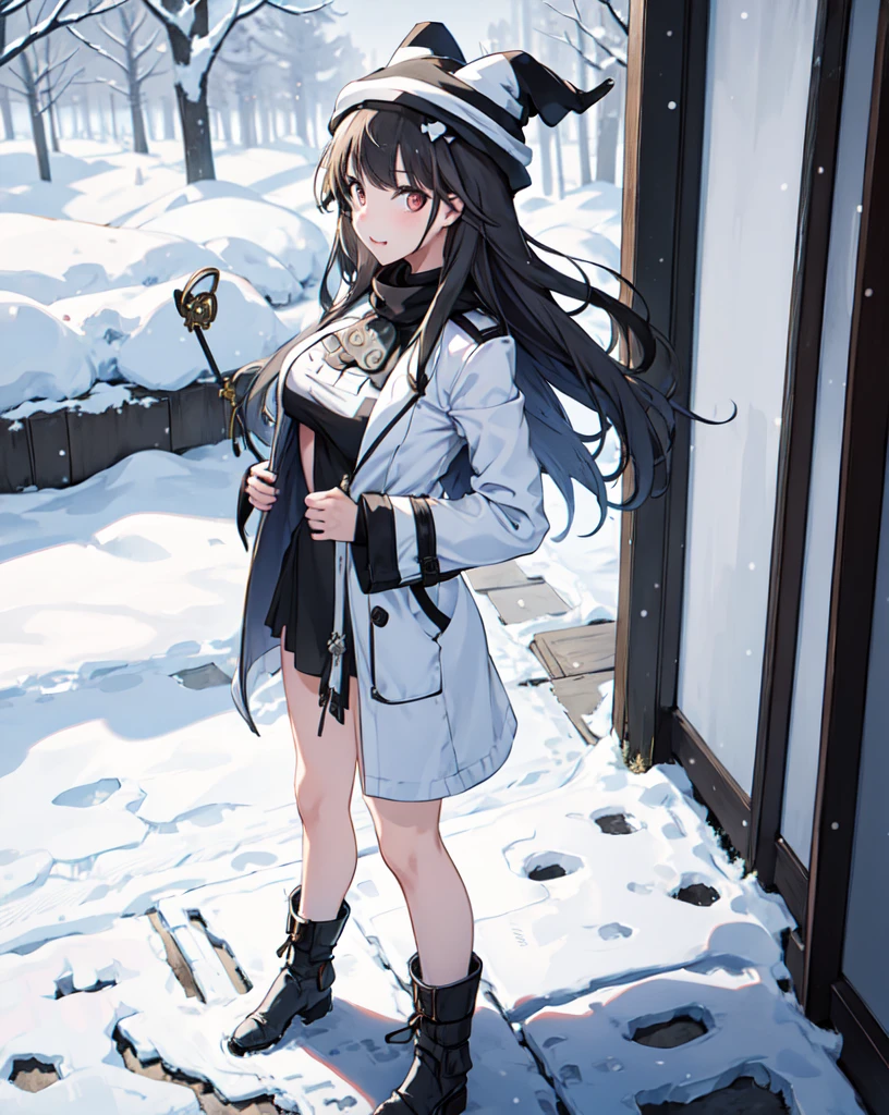 merkuriaprisoner,1girl,solo,large breasts, standing, cowboy shot, white coat, (ushanka), (winter clothes),outdoors,snowing