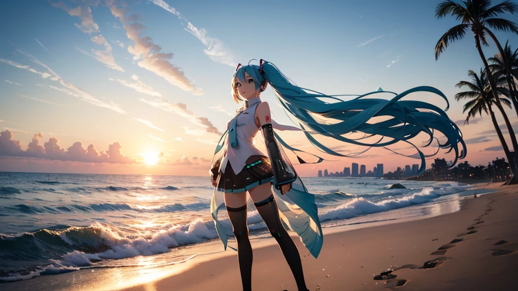 With the sun setting in the background、Please draw Hatsune Miku at the beach in high resolution using upscale.。Her clear blue hair fluttering in the wind、The futuristic outfit stands out。Soft sand all around、The sound of the waves gently lapping、And the palm trees dot the landscape.。