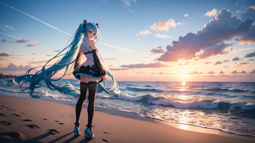 With the sun setting in the background、Please draw Hatsune Miku at the beach in high resolution using upscale.。Her clear blue hair fluttering in the wind、The futuristic outfit stands out。Soft sand all around、The sound of the waves gently lapping、And the palm trees dot the landscape.。