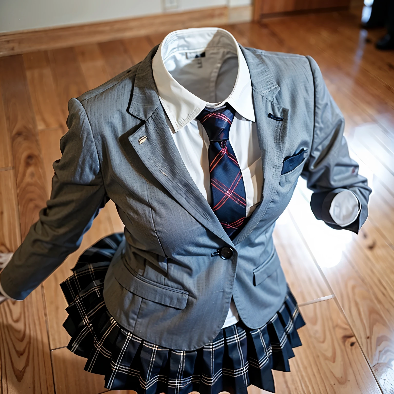 school blazer laid on floor, plaid skirt, stripe tie, fat, cute big breasts, (invisible, no human, headless, handless:1.5)