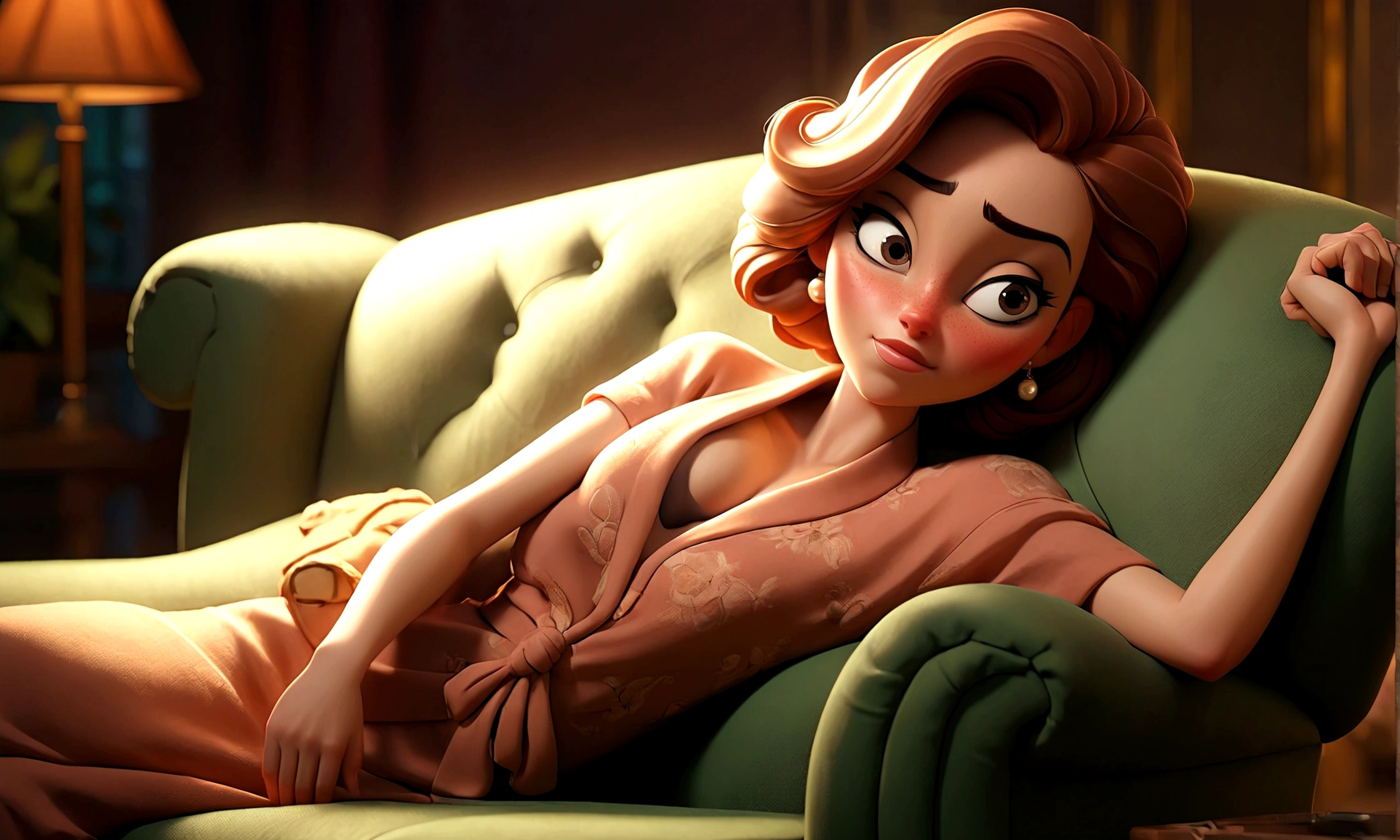 a drunk beautiful woman relaxing carelessly on a sofa, full body shot, highly detailed facial expression, intricate details, photorealistic, 8k, masterpiece, glowing skin, elegant fashion, dramatic lighting, cinematic composition, warm color tones, chiaroscuro lighting, realistic textures, atmospheric environment, detailed background, moody atmosphere