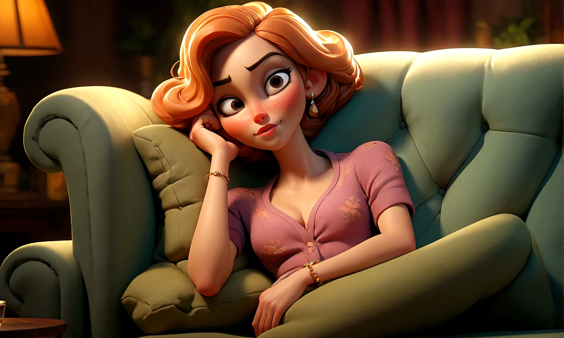 a drunk beautiful woman relaxing carelessly on a sofa, full body shot, highly detailed facial expression, intricate details, photorealistic, 8k, masterpiece, glowing skin, elegant fashion, dramatic lighting, cinematic composition, warm color tones, chiaroscuro lighting, realistic textures, atmospheric environment, detailed background, moody atmosphere