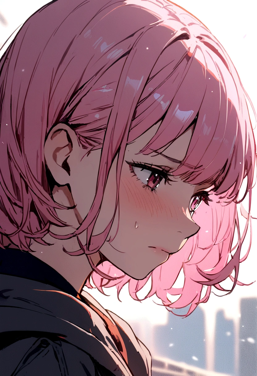 1 girl, short pink hair, sad face