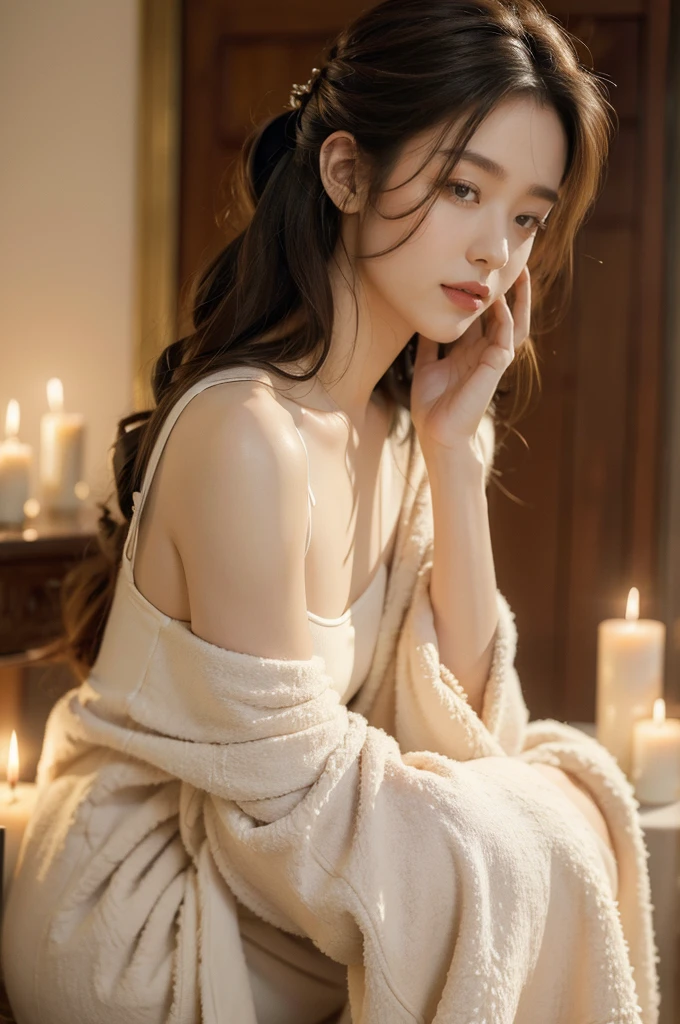 ilgi, (masterpiece, best quality:1.2), 1 girl, Solitary, ((Off-shoulder clothes)), ((night)), lantern, candela, Deep in Wonderland,The moonlight falls like water,foggy room,The heroine's figure is vaguely visible,Like a fairy in a painting,Slender sexy legs,Very beautiful legs,Show sexy,Large Breasts,美丽而又带着一丝mystery的色彩。Her face is beautiful and delicate,Like a finely carved jade,Showing extraordinary beauty。The eyebrows are so pretty,The waves in my eyes are like twinkling stars,Show the light of perseverance and wisdom。The bridge of the nose is straight,Lip color like cherry,The slightly raised corners of the mouth reveal confidence and calmness。Her face is chiseled,Skin like jade,Reveal healthy glow,Just like fairies, She never eats fireworks in this world。Her makeup is light and delicate,No excessive embellishment,But it is enough to show her temperament and charm。Light foundation highlights the translucence of the skin,A light eyebrow pencil outlines her perfect eyebrow shape,Eye makeup is eye shadow and eyeliner,Make her eyes brighter and more energetic。嘴唇涂上grace的口红,Add a touch of charm and sophistication。她的衣服grace别致,Clothes fluttering,As if the wind will blow it up at any time,drifting into the distance。既不失grace,She also demonstrated her extraordinary skills。Swaying with her movements。Her hair is tied back casually,Secure it with hostas,A few strands of hair fluttering gently in the wind,Adds a bit of softness。Her figure is looming in the fairyland,宛如一道Large Breasts美丽的风景线,Attracted everyone's concern。She seems like a fairy in wonderland,Large Breasts美丽、grace、mystery、and full of power。