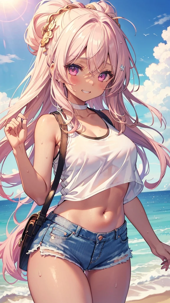 (8K、Highest quality、Highest quality、masterpiece)、Detailed face、One Girl、
(Brown Skin:1.2)、Long Hair、
Pink Eyes、Sweat、Grin、
(White tank top、Denim hot shorts、Mini Shorts、Cameltoe)、
Beach、cloud、
belly button、Big Breasts、