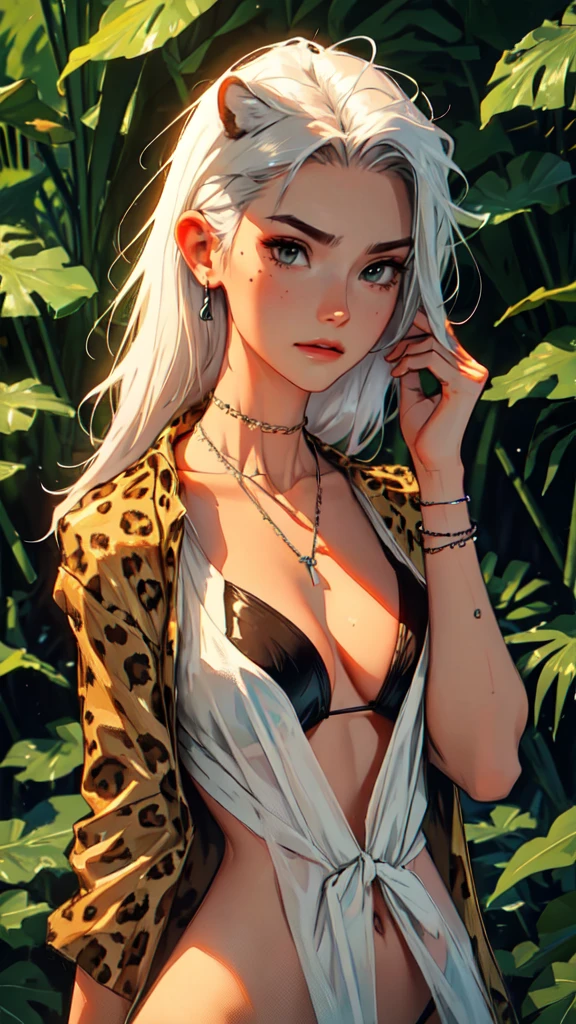 （lifelike， high - resolution：1.3）， 1 girl with a perfect body，slender body, Super fine face and eyes，assasin, dark makeup, shiny skin，white hair,  (jungle outfit, cheetah print )，Expose cleavage, bracelets, natural jewelry, a lot of necklaces, body chains, waist chains, 
