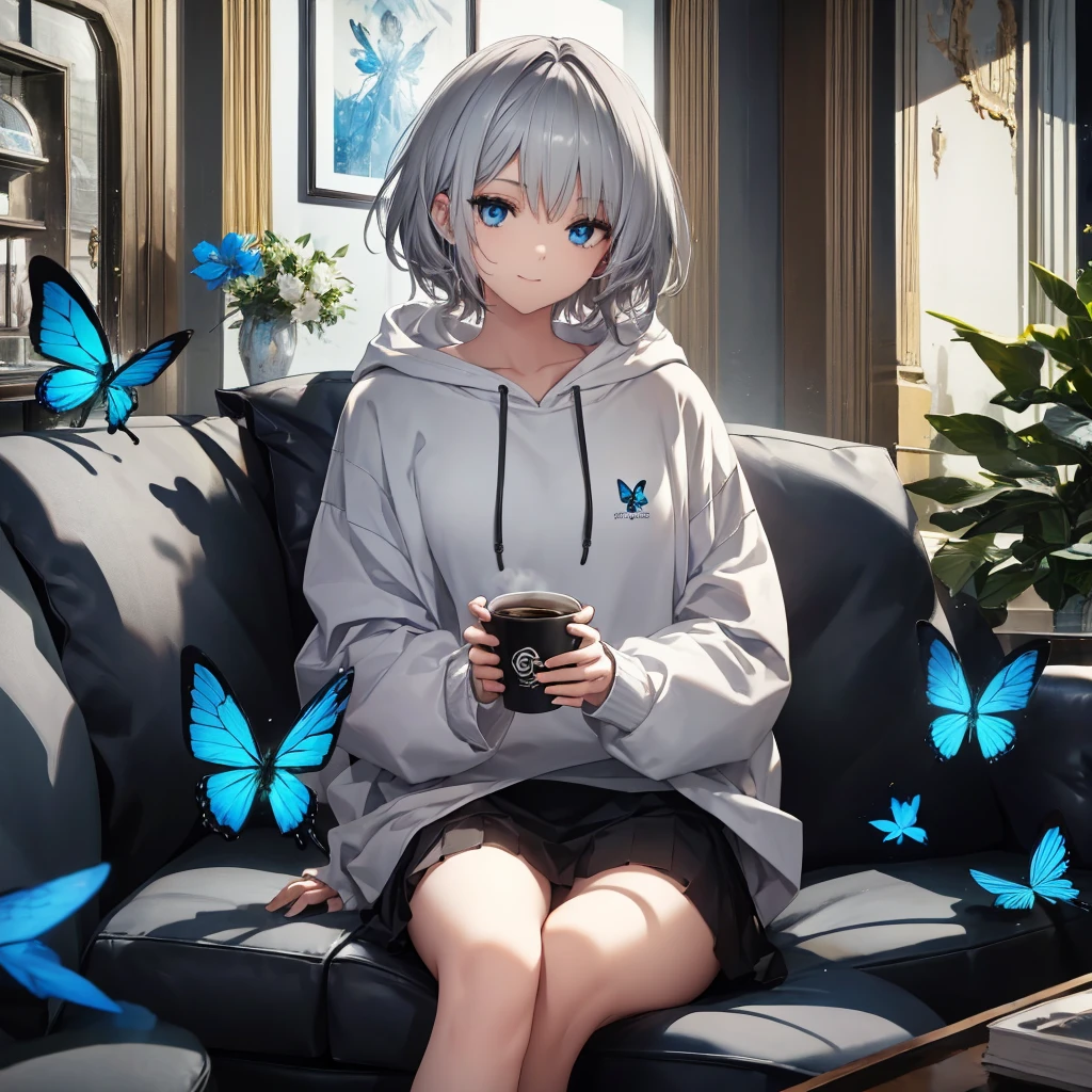 (((1 person　Gray Hair　Sit on the sofa　Crossing your legs　blue eyes)))　((High resolution　short hair　hoodie　Black Skirt　Rin々Funny face))　((Close-up))　((Blue butterfly　Asahi　Shining Aura　Catch the wind　Holding a cup　Drink coffee))　(smile　Bathed in light)　Shining Background　Shining Edge