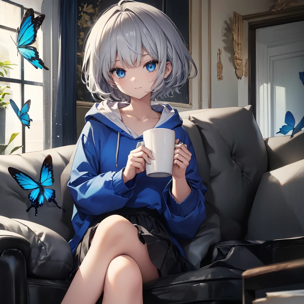 (((1 person　Gray Hair　Sit on the sofa　Crossing your legs　blue eyes)))　((High resolution　short hair　hoodie　Black Skirt　Rin々Funny face))　((Close-up))　((Blue butterfly　Asahi　Shining Aura　Catch the wind　Holding a cup　Drink coffee))　(smile　Bathed in light)　Shining Background　Shining Edge