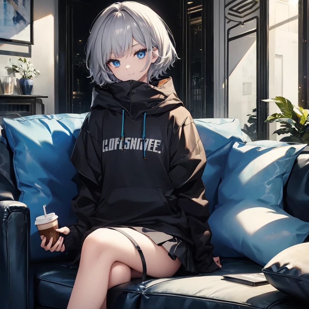 (((1 person　Gray Hair　Sit on the sofa　Crossing your legs　blue eyes)))　((High resolution　short hair　hoodie　Black Skirt　Rin々Funny face))　((Close-up))　((Blue butterfly　Asahi　Shining Aura　Catch the wind　Holding a cup　Drink coffee))　(smile　Bathed in light)　Shining Background　Shining Edge