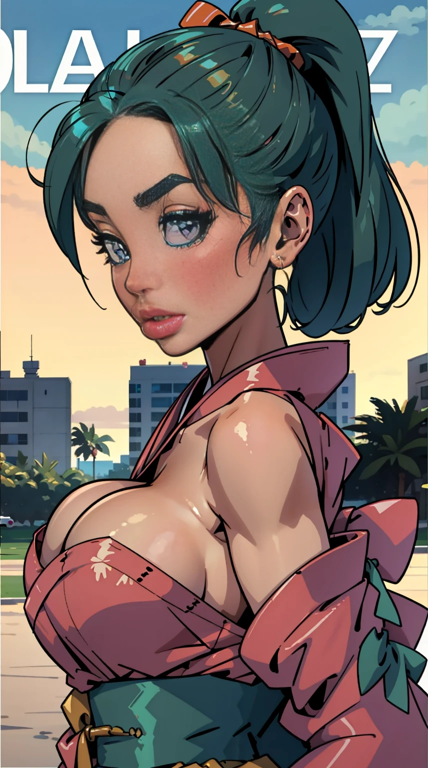 Chica de ojos grandes, ((kimono)), big breasts, (2d line:1.3), jolyne ((alone)) ((only)) ((neckline)) sexy