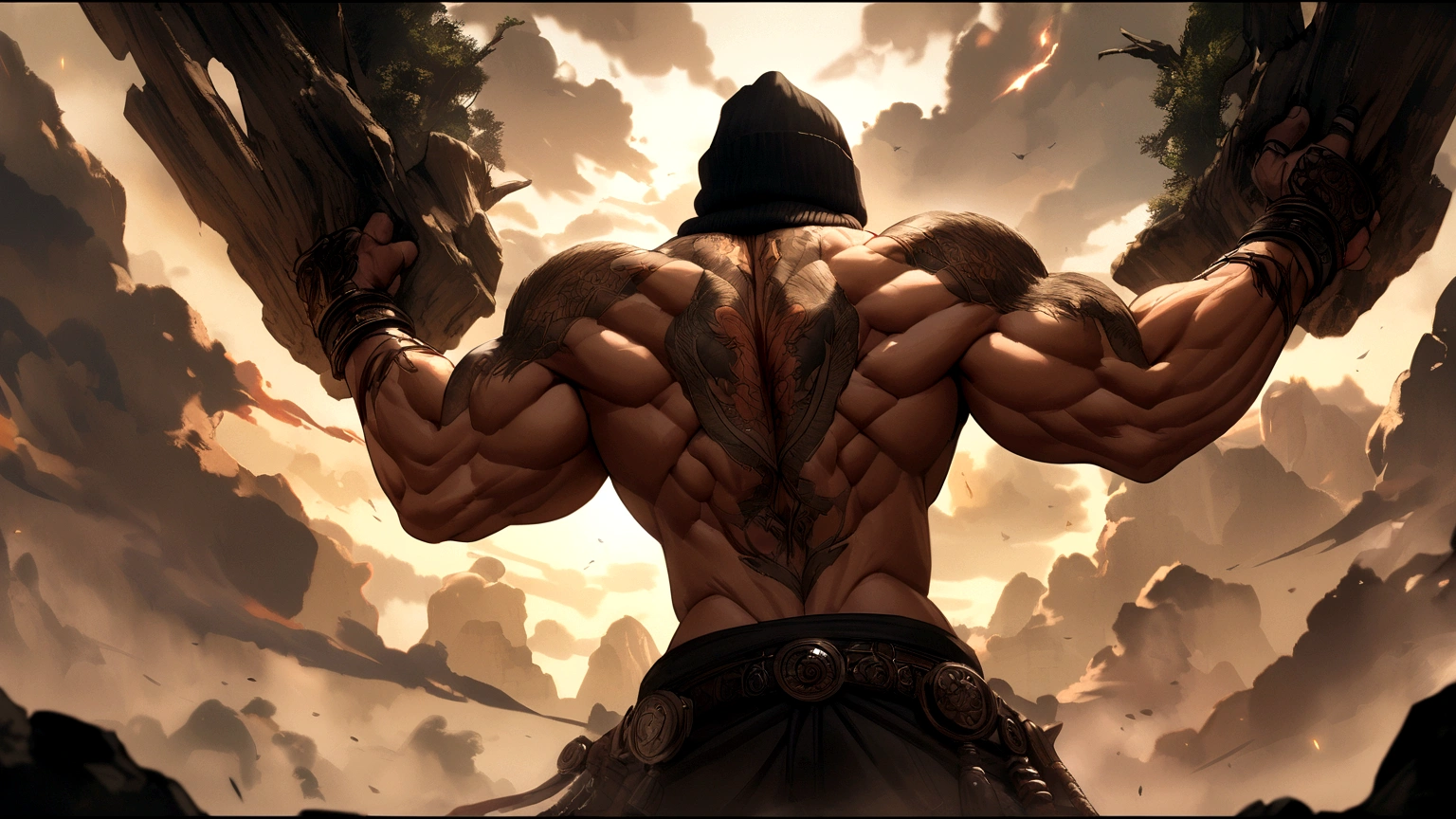 Muscular boy with black beanie hat and short brown hair on his back with bangs, all very epic, very epic