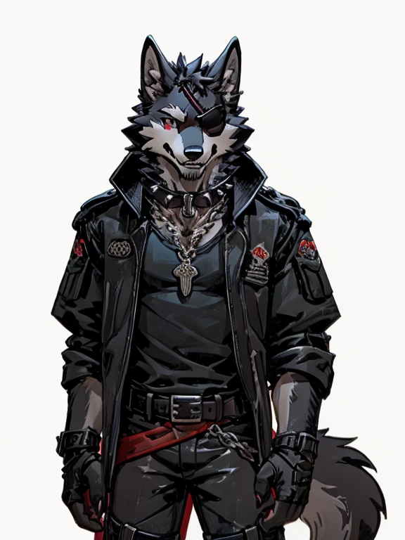 White background, spikes on jacket, soft smile, ambient lights, teeth, wolf, medium muzzle, eyepatch on left eye, grey fur, black and red jacket, unzipped jacket, black T-shirt, dark-ref and black combat boots, a collar, a locket, a belt with a wolf-shaped buckle, a chain, and a holster, black and red fingerless gloves that show off his claws, male, thin, skinny