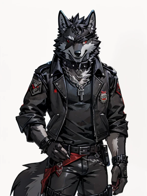 White background, spikes on jacket, soft smile, ambient lights, teeth, wolf, medium muzzle, eyepatch on left eye, grey fur, black and red jacket, unzipped jacket, black T-shirt, dark-ref and black combat boots, a collar, a locket, a belt with a wolf-shaped buckle, a chain, and a strap-on holster, black and red fingerless gloves that show off his claws, male, thin, skinny