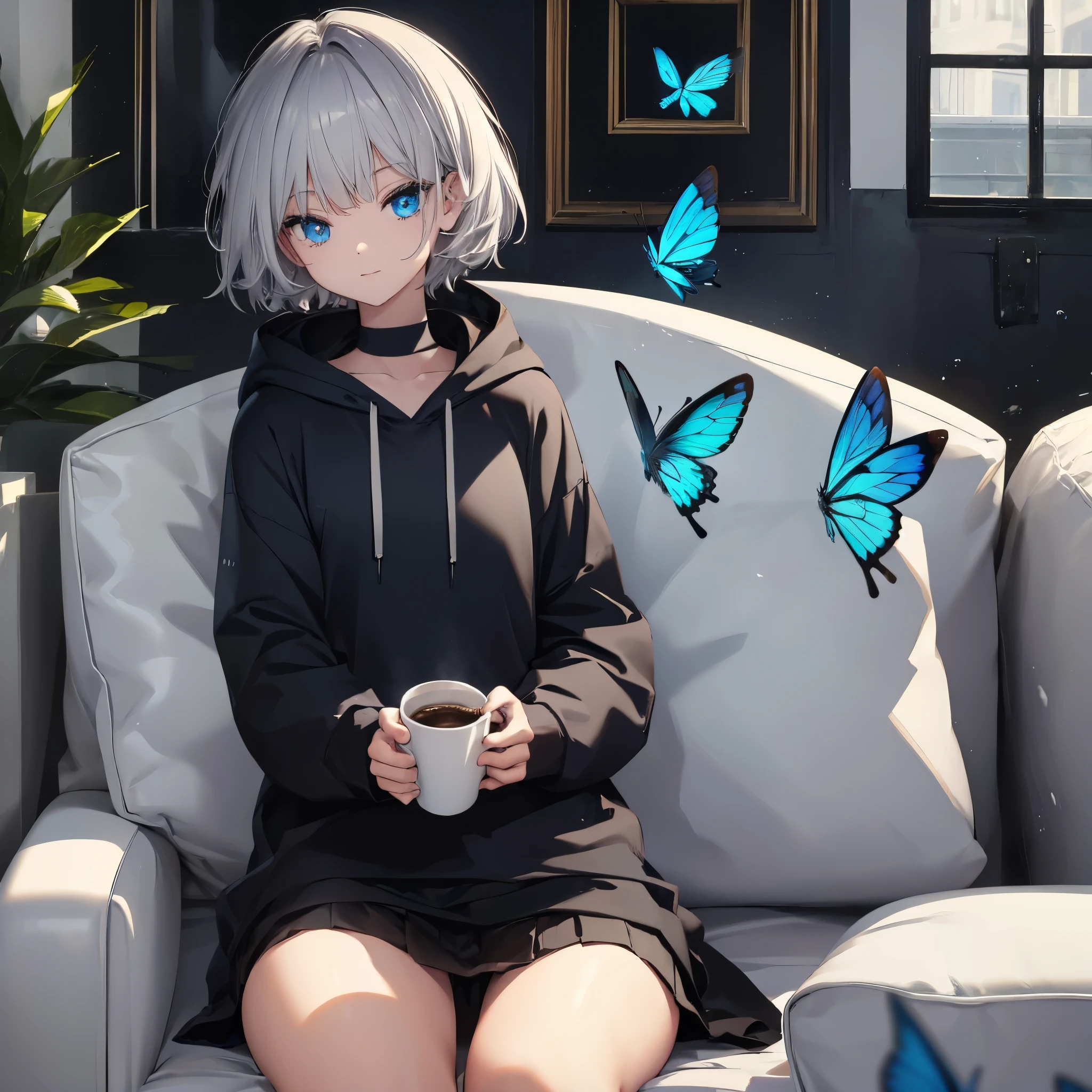 (((1 person　Gray Hair　Sit on the sofa　Crossing your legs　blue eyes)))　((High resolution　short hair　hoodie　Black Skirt　Rin々Funny face))　((Close-up))　((Blue butterfly　Asahi　Shining Aura　Catch the wind　Holding a cup　Drink coffee))　(smile　Bathed in light)　Shining Background　Shining Edge