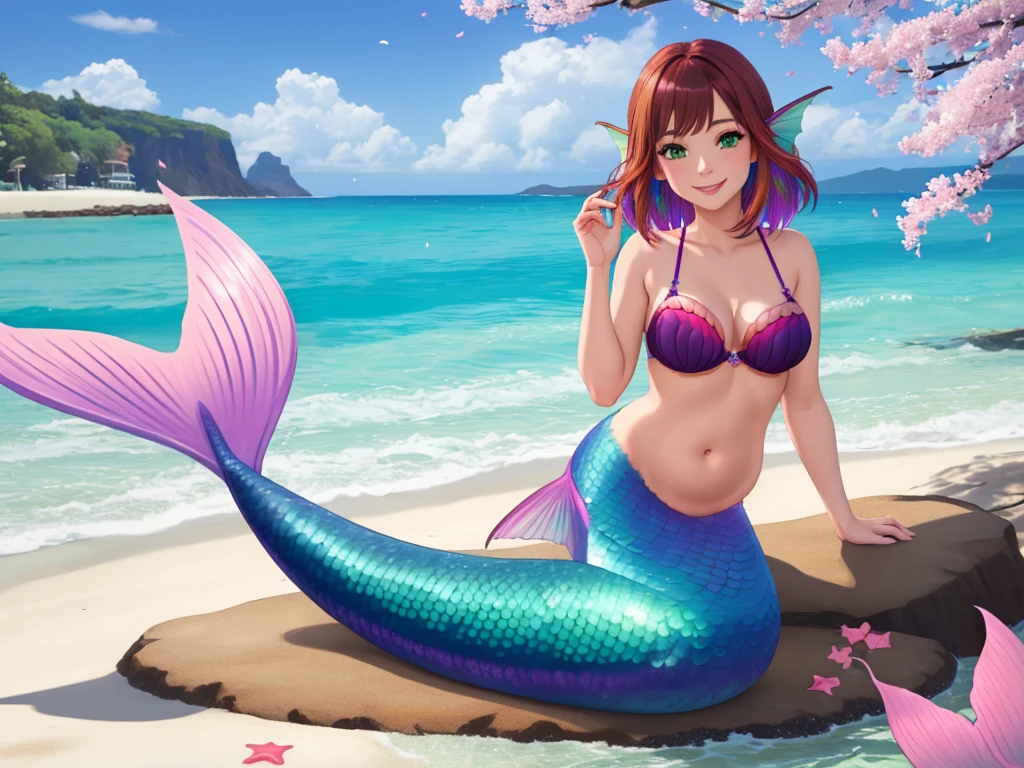 masterpiece, best quality:1.2), 1girl, smile, looking at viewer, green eyes, short brown multicolored hair, mermaid, mermaid girl, wearing purple seashell bra, laying on belly on beach, colorful mermaid tail, outdoors, head fins, fin ears, under cherry blossoms