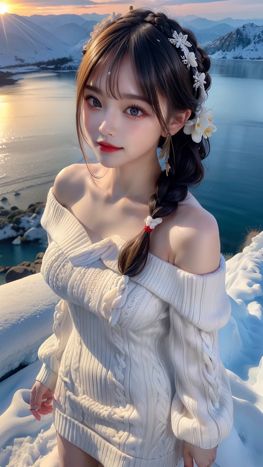 (Make your subject look three-dimensional with the contrast of light and shadow),(((With the sunset in the background))),(((standing on a snowy mountain in winter:1.3))),cute and beautiful adult woman,cute smile,with blushing cheeks,red lips,(((Off-white off-shoulder knit jumper dress:1.3))),black stockings,Knee-high boots,(silvery hair,floral braided headband,half up、floral braided space bun,voluminous fishtail braid,Twisted pan,),(The bangs are see-through bangs),hairpin,hair ornaments,(((emphasize the chest:1.3))),Breast flick,Detailed clothing characteristics,Detailed characteristics of hair,detailed facial features,(dynamic angle),(dynamic and sexy pose),professional lighting,cinematic light,(highest quality,Ultra high resolution output image,) ,(8K quality,Depth of the bounds written,Anatomically accurate facial structure,),(sea art 2 mode:1.3),(Image mode Ultra HD,),(3D Realistic Photography:1.3)