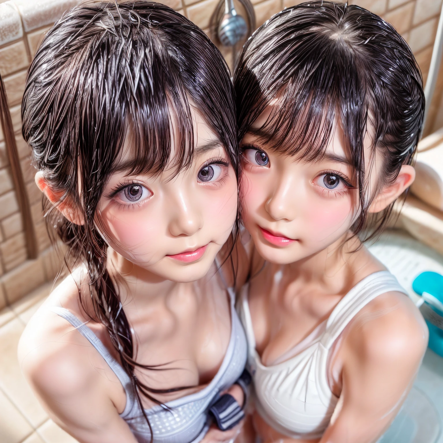 SFW, (Snapshot of girls kissing face to face in an open shower room by the pool), Braid hair, With bangs、(School Swimwear), the body is covered with juice、Sweating、be sweaty、Wet pearl skin, ((Wet swimsuit)), Perfect Lighting, Clear Focus, (bokeH:1.4), Roundly butts, { (shower:1.7) | Overflowing Gigantic sideboob | Butt cruck | (from above:1.4) }, hidden hands BREAK (NOGIZAKA girls)  ((Extremely Detailed very KAWAII face variations)), perfect anatomy, Childish, captivating gaze, elaborate detailed Eyes with (sparkling highlights:1.2), long eyelashes、Glossy RED Lips with beautiful details, Coquettish tongue, Rosy cheeks . { (Dynamic joyful expressions) | (:d) }, (no large eyes) .