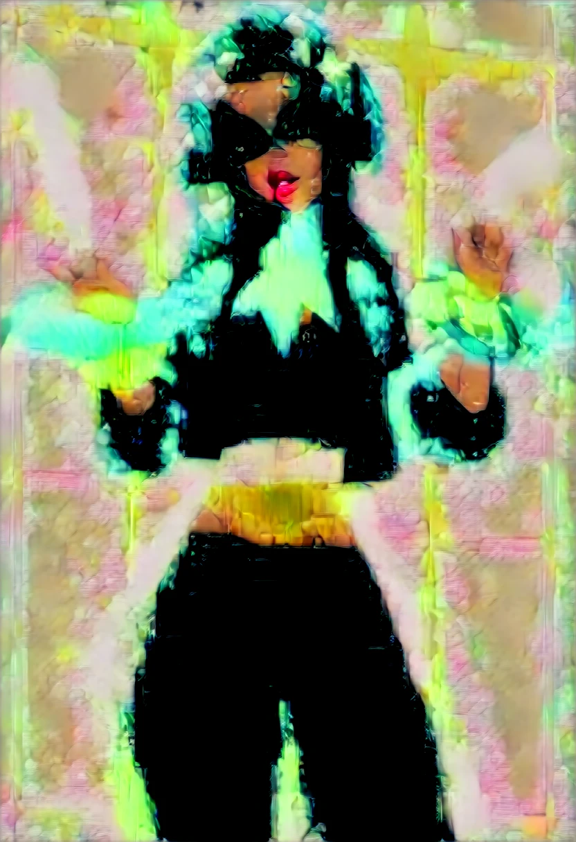 hyperrealism, photorealistic, 20 yo female, solo, 1female, toned, wide , long black hair, very skinny, very thin, very slim, very slender, thick thighs, ifbb, thick lips, thin waist, slendered abs, narrow waist, small waist, dark skin, tan, tanned, tan skin, tanned skin, light brown skinned, lipstick, neon glowing bracelet, glowing armlet, bounce light, rimlights, (sparkling translucent criss-cross top), (wet  half-jacket), tight (snakeskin leather pants), high detail