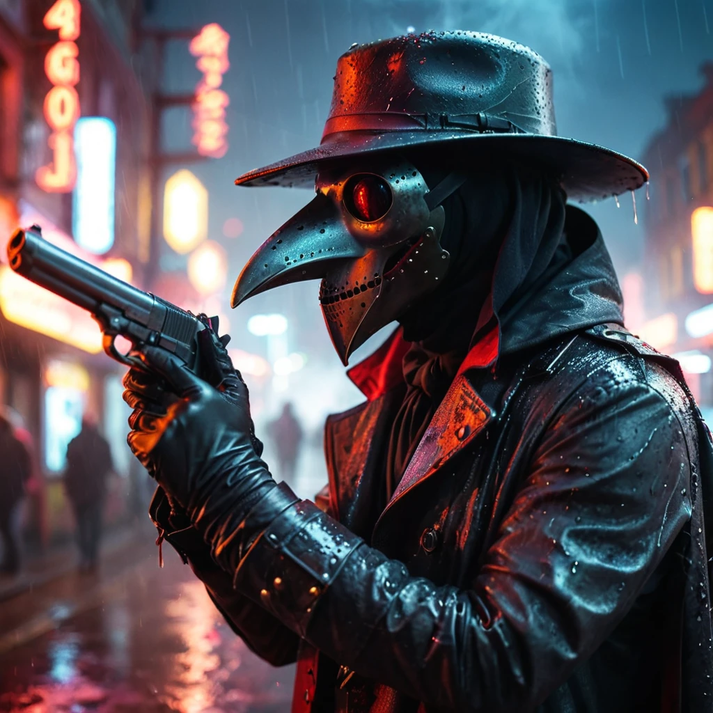 1 Male wearing a black plague doctor mask, wearing clothes well put together, leather gloves, wears a black fedora, head is fully covered, mask eyes glowing red, no skin showing, holding a gun in hand, goth, Raining atmosphere, neon city lights, smoke coming from gun, depth of field, side view