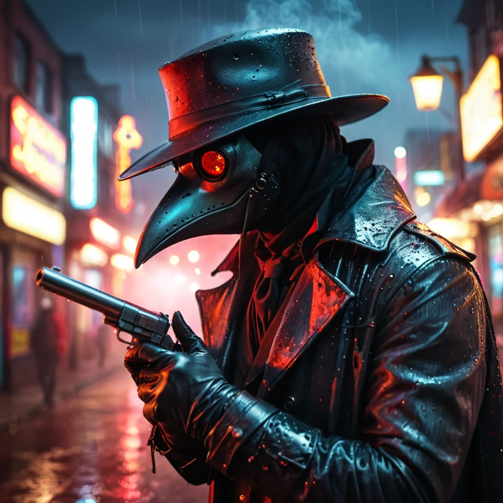 1 Male wearing a black plague doctor mask, wearing clothes well put together, leather gloves, wears a black fedora, head is fully covered, mask eyes glowing red, no skin showing, holding a gun in hand, goth, Raining atmosphere, neon city lights, smoke coming from gun, depth of field, side view