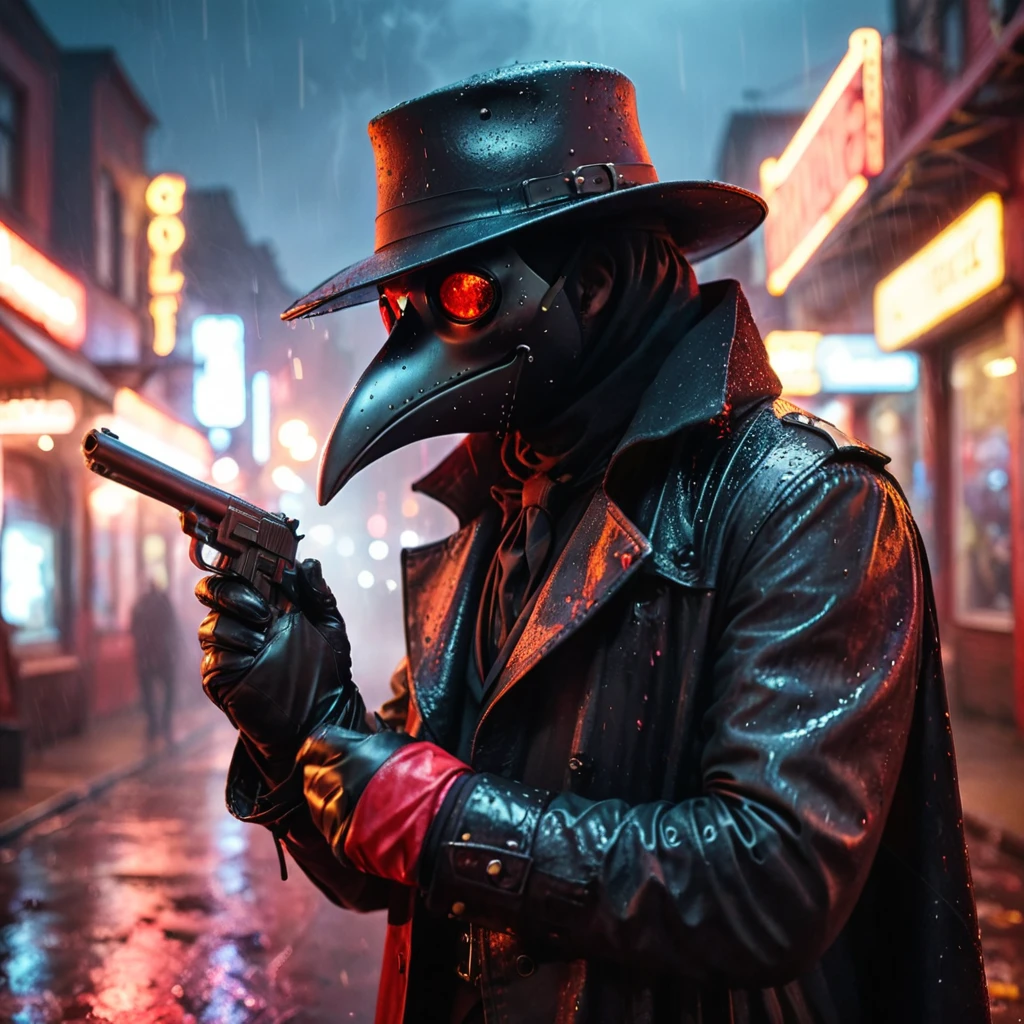 1 Male wearing a black plague doctor mask, wearing clothes well put together, leather gloves, wears a black fedora, head is fully covered, mask eyes glowing red, no skin showing, holding a gun in hand, goth, Raining atmosphere, neon city lights, smoke coming from gun, depth of field, side view
