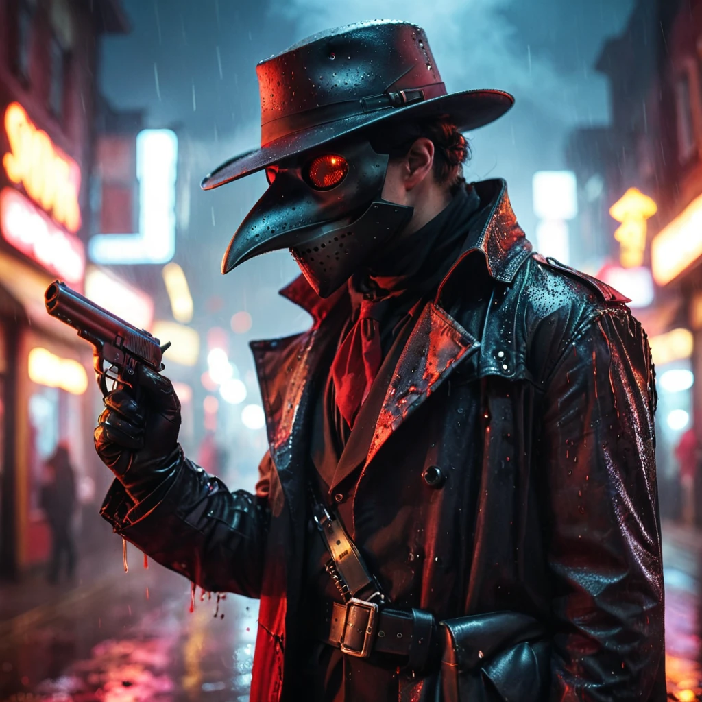 1 Male wearing a black plague doctor mask, wearing clothes well put together, leather gloves, wears a black fedora, head is fully covered, mask eyes glowing red, no skin showing, holding a gun in hand, goth, Raining atmosphere, neon city lights, smoke coming from gun, depth of field, side view