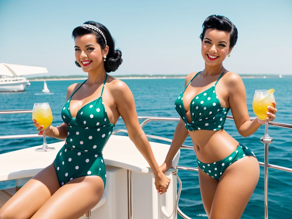 35mm film photography, Joyful, smiling black hair 1 woman pinup posing beautifully smiling on a yacht clear weather summer sky sunny day glare in hands holding a glass of cocktail retro pinup style green swimsuit closed with polka dots pinup poses luxury rich life on her head a ship captain&#39;s hat