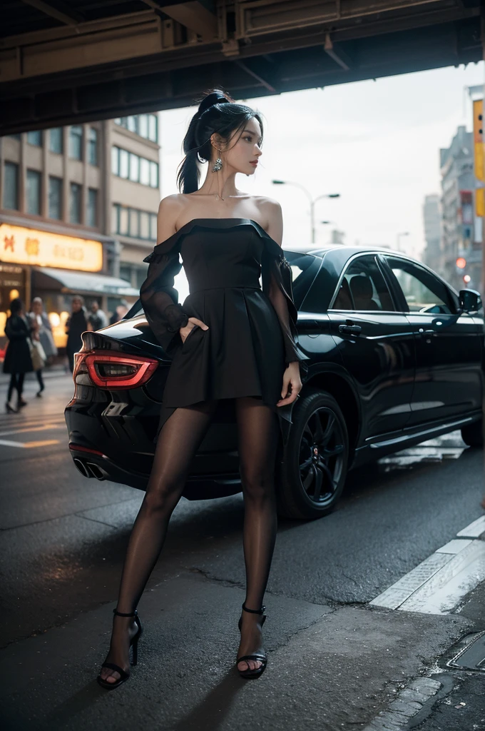 (((best quality))),(((ultra detailed))),(((masterpiece))),illustration,1girl,slim,vibrant cotton dress,short ponytail,flat chest,pantyhose,standing, bustling city streets, honking cars,surrounded by crowded crowds, colorful advertisements,enjoying sights and sounds,(dark black skin:1.5),(day scene:1.3),full body,arms behind back,sunshine,slender legs,sandals,sunshine