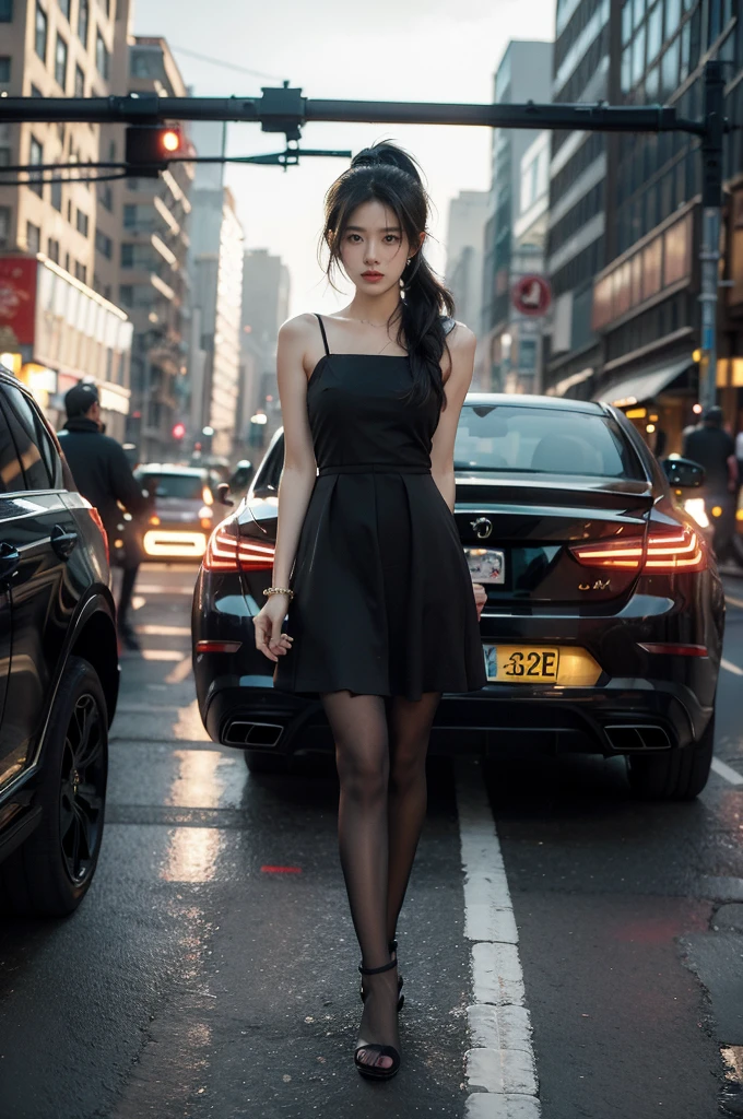 (((best quality))),(((ultra detailed))),(((masterpiece))),illustration,1girl,slim,vibrant cotton dress,short ponytail,flat ,pantyhose,standing, bustling city streets, honking cars,surrounded by crowded crowds, colorful advertisements,enjoying sights and sounds,(dark black skin:1.5),(day scene:1.3),full body,arms behind back,sunshine,slender legs,sandals,sunshine