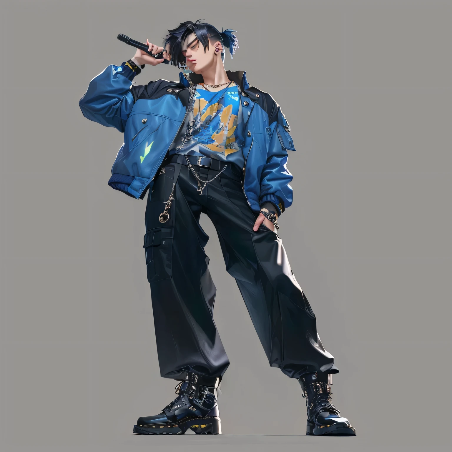 A handsome boy，Microphone in hand，Wearing a blue bomber jacket，Graffiti T-shirt，Black straight-leg pants，Black Doc Martens，Stud earrings and necklaces，Features of Clarity，Exquisite features，Character concept art，Perfect details，p，Meticulous details，Rich details，Clarity，Play Style，Ultra-high quality，8K，Ultra-high Clarity，Zoom Layer 4K，leica，Unreal Engine Rendering，Dappled light and shadow，elegant。Frontal view of the character。Oil painting style arafed picture of a man wearing a blue jacket and black pants, ross trans style, inspired by Yanjun Cheng, Rose Tran&#39;s style, Inspired by Russell Dongjun Lu, Detailed full body concept, Inspired by Gang Huian, Full body portrait, Full body portrait