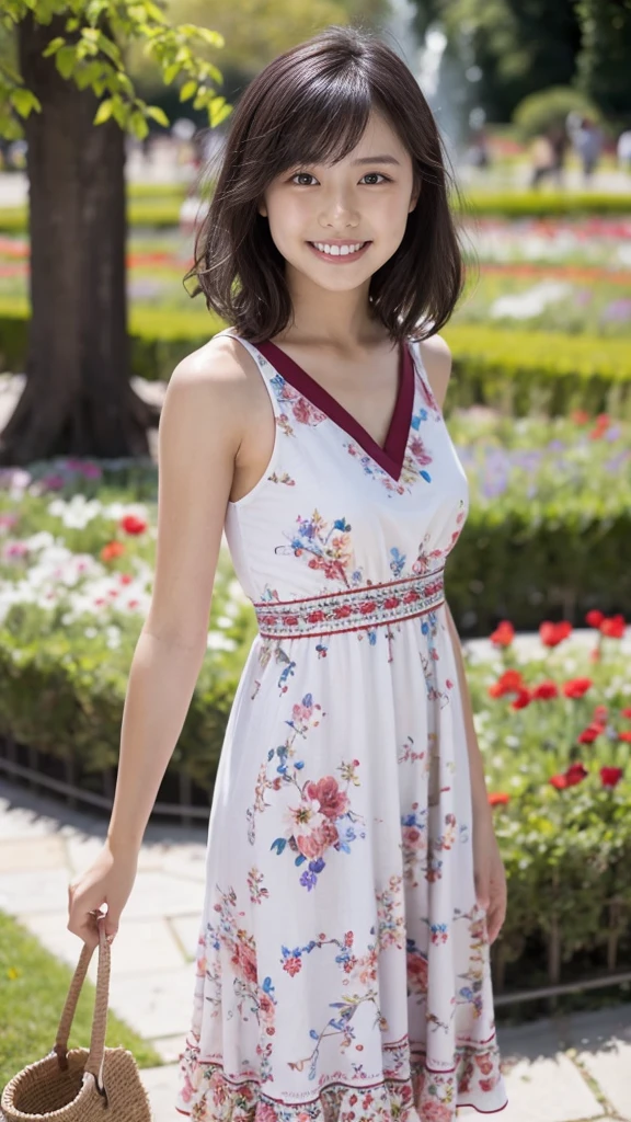 masterpiece, highest quality, disorganized, perfect anatomy, 1 girl, alone, pascal tales, short hair, beautiful, Hilarious, sunny day, botanical garden, Summer winds, sundress, Floral, wavy hair, smile