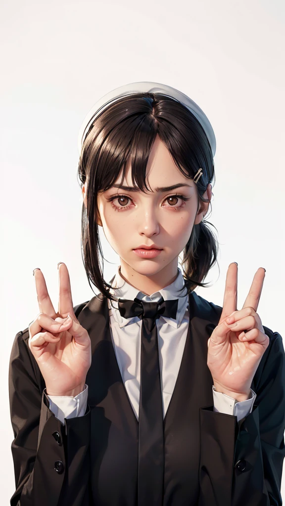 (（（Perfect body,White and tender skin,（（（Black strap dress, black long bow tie, white lining, black hat）））,（（（Kobeni Higashiyama, black hair, hair ornament, hairclip,  ponytail, short hair, (brown eyes:1.5),）））,((masterpiece)),highres,((Best quality at best)),masterpiece,quality,Best quality,(（（ Exquisite facial features,Looking at the audience,There is light in the eyes,(（（frown，Wronged））），Scissorhands）））,（（（Light and shadow,Huge breasts,）））,（（（Looking at the camera,White background)））)