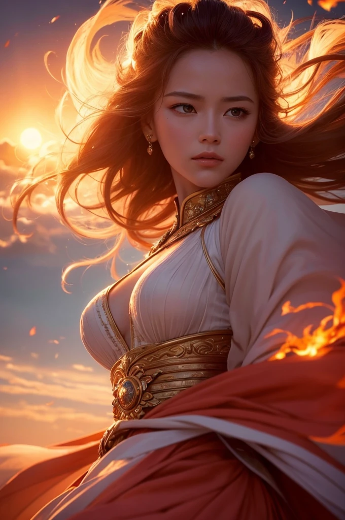 work of art, best qualityer, movie film still, 1 empress, cloud empress, floating in the sky, close up, Ablaze, glad, soft, warm lighting, SUNSET, (sparks:0.7)