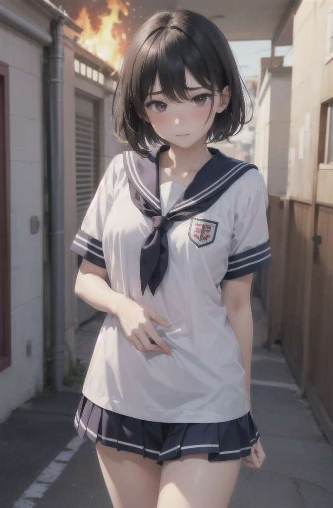 Highest quality , High resolution , Detailed CG , short hair , Sailor suit , Modest chest , Black Hair , Two limbs , Optimal ratio , Embarrassed expression , Burning cheeks , School , Schoolyard , touching one&#39;s own breasts with one&#39;s own hands , Facial expression when orgasm is reached , Panty shot , Nipples are visible ,No bra , Her nipples are visible through her white shirt , Wet with rain