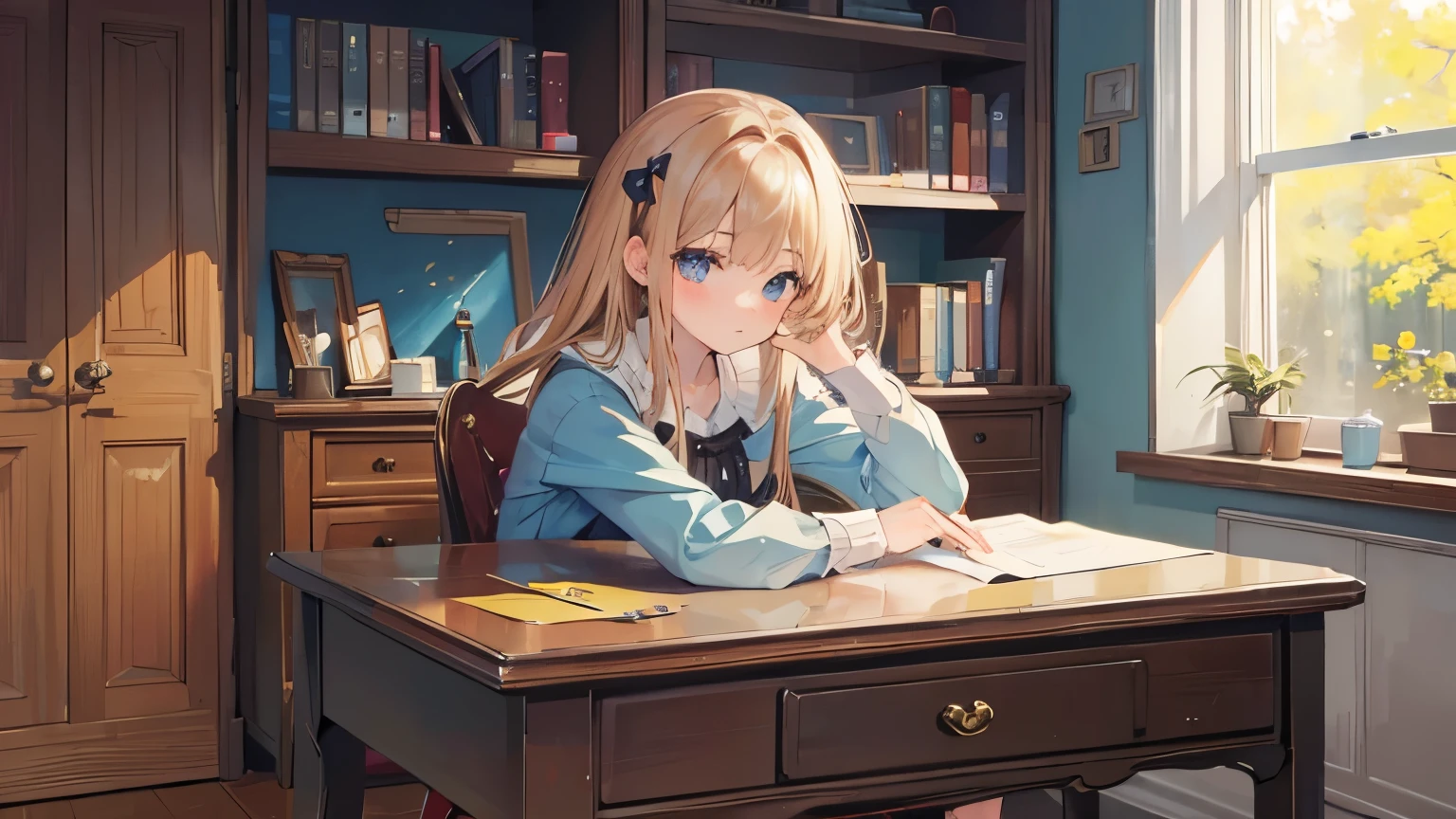 ((Highest quality)), ((masterpiece)), (detailed),lofi cute desk,beautiful girl
