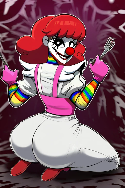 Woman dressed as a clown painted her face like a clown with a big psychopath smile and blood on her face with a chainsaw in her hands and with a fat butt